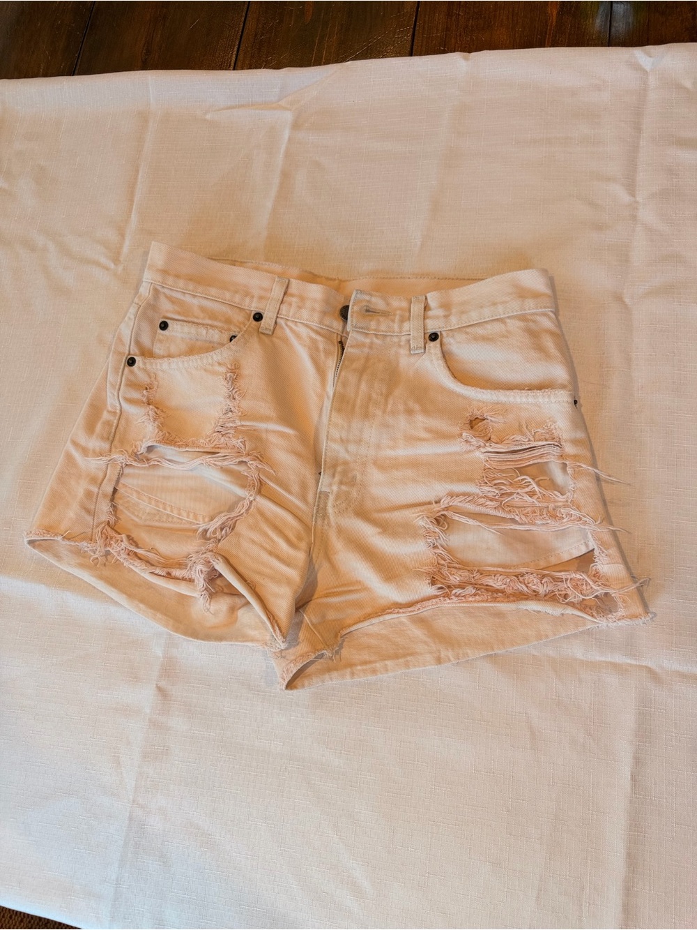 Carmar Distressed High-Rise Denim Shorts in Light Pink